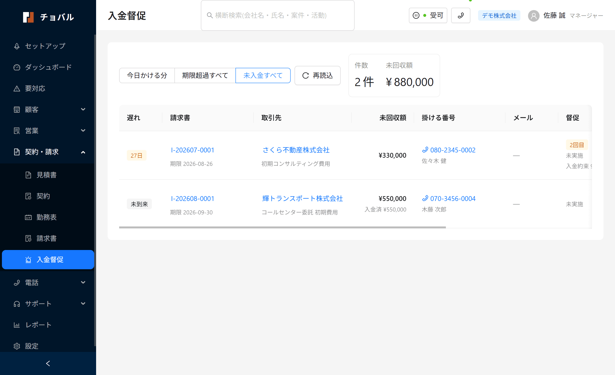 入金督促の画面。未入金の請求書が、遅れ日数・督促の回数・入金約束とともに一覧に出ている